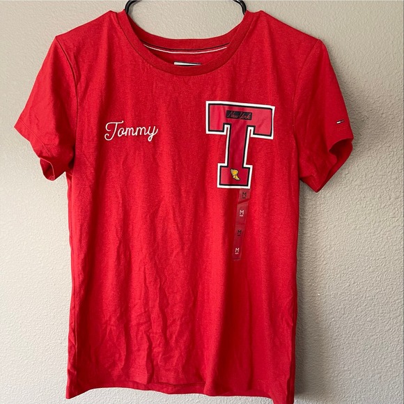 Tommy Jeans Red Embroidered Varsity Short Sleeve Crew New Neck T-Shirt Medium - Picture 2 of 10